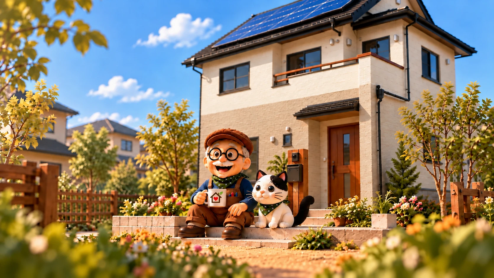DIYおじさんと猫が、太陽光パネルのある家の玄関先で過ごすブログ用イメージ