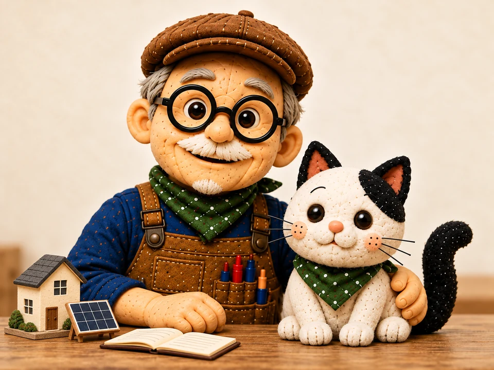DIYおじさんと白黒猫のラブちゃん。住宅模型と太陽光パネルを並べた管理人紹介イラスト