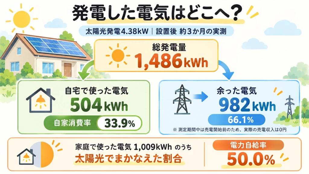 太陽光発電1,486kWhのうち、自宅で504kWhを使用し、余剰電力は982kWh。自家消費率33.9％、電力自給率50.0％を示した図解。