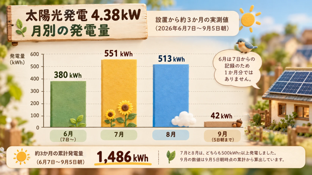 2026年6月から9月5日朝までの太陽光発電量を示した月別グラフ。6月380kWh、7月551kWh、8月513kWh、9月42kWh、累計1486kWh